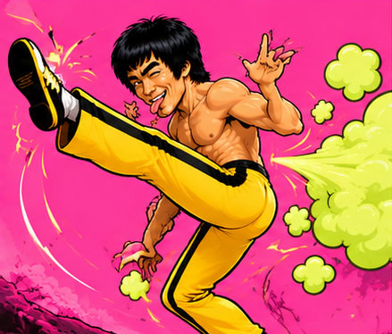 Lee doing a high flying kick, propelled by a green cloud